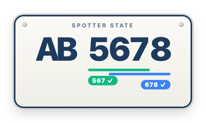 A license plate reading AB 5678, with 567 and 678 both underlined and checked as valid finds.