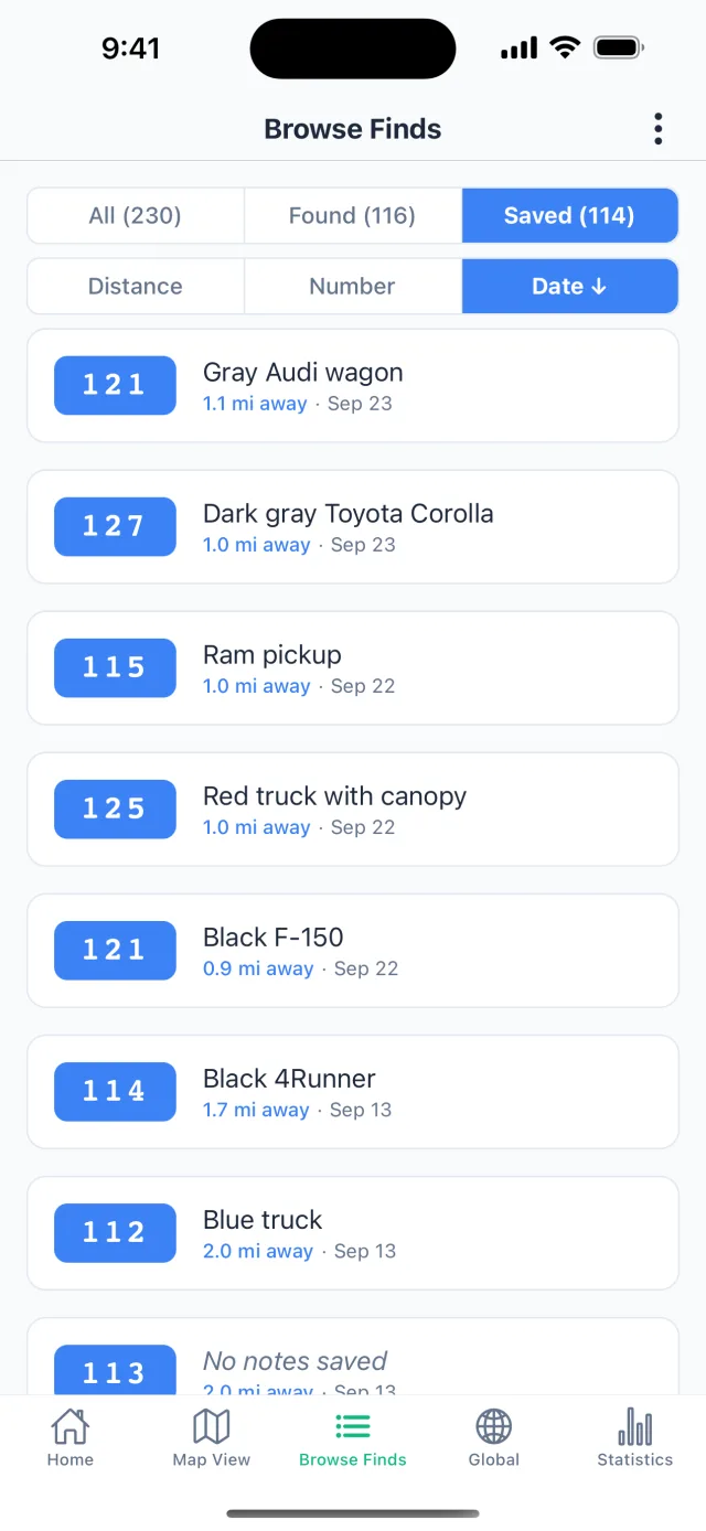 The Browse Finds screen, listing saved plates with notes like Gray Audi wagon and Red truck with canopy, and how far away each one is.